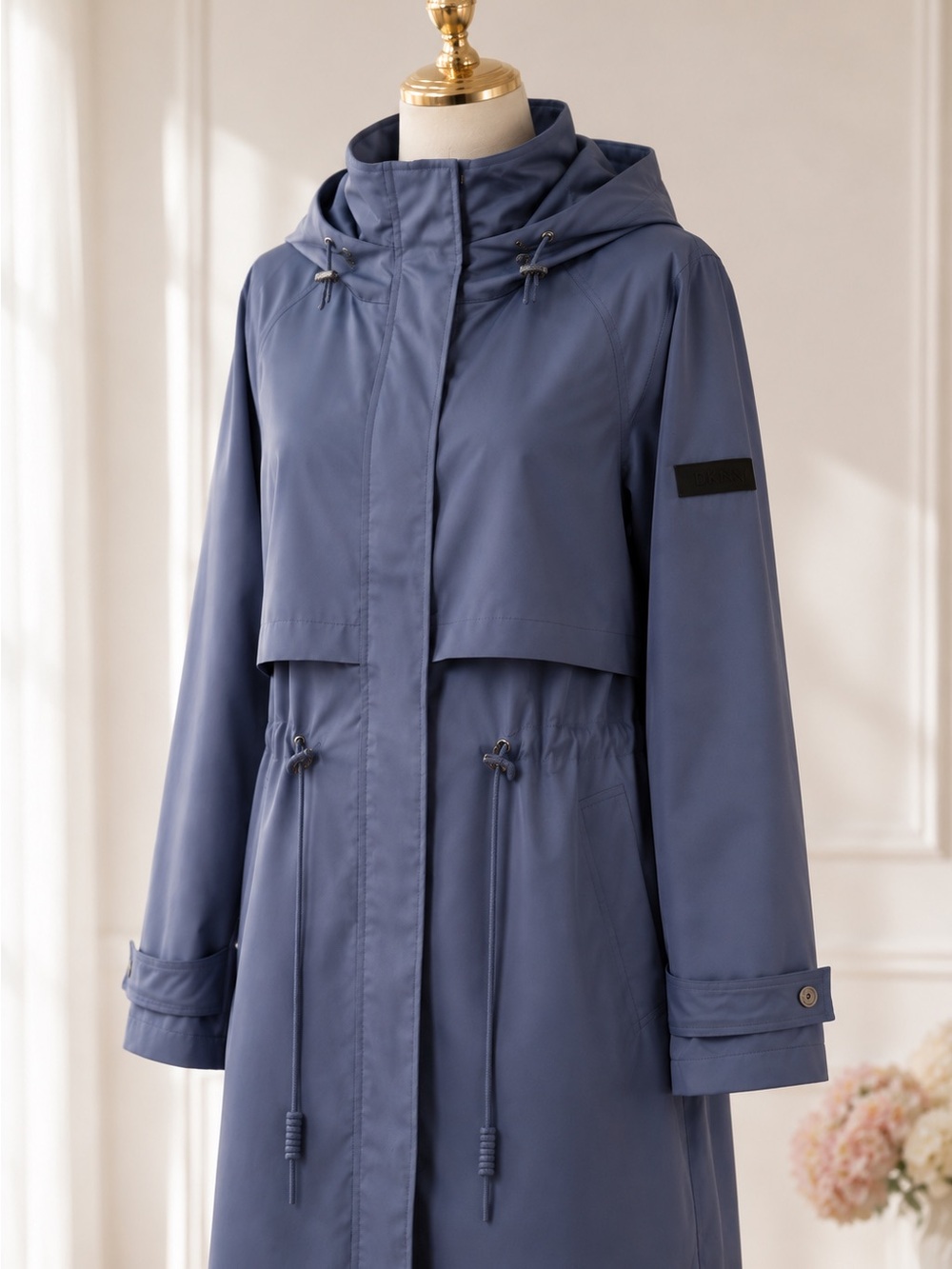 DKNY Long Hooded Trench Coat in Slate Blue